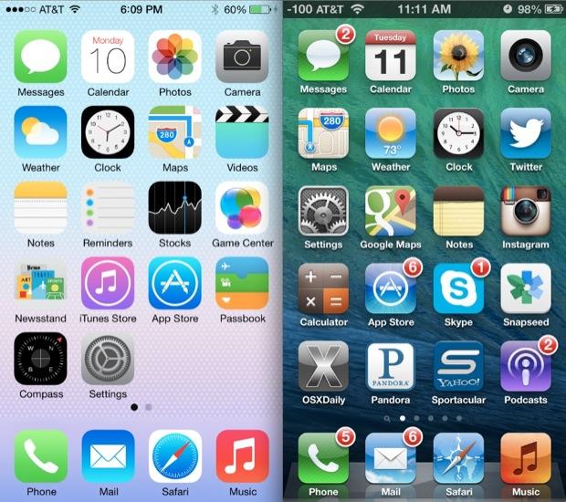 iOS 6 vs iOS 7 interface examples