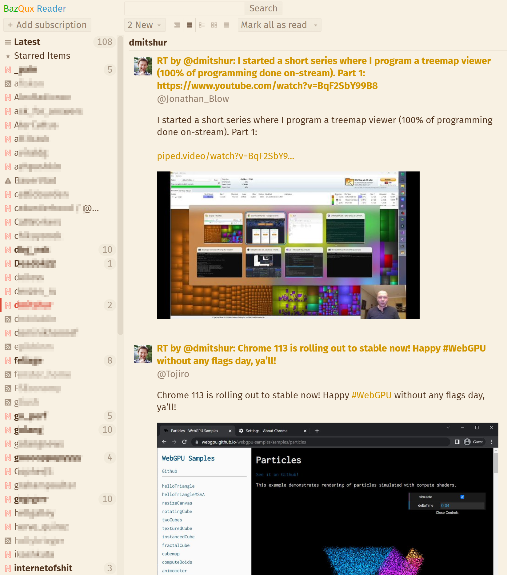 A screenshot of RSS reader full of my twitter feed content.