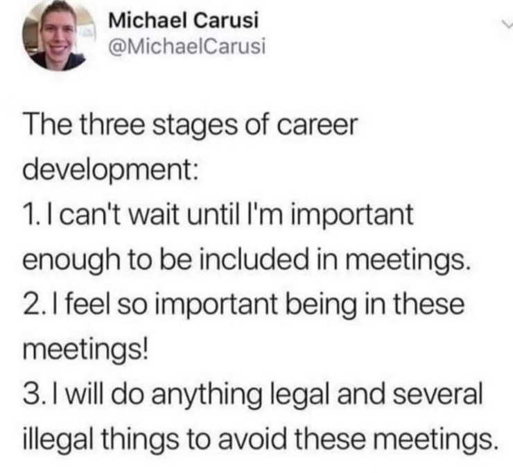 Michael Carusi @MichaelCarusi The three stages of career development: 1. I can't wait until l'm important enough to be included in meetings. 2. I feel so important being in these meetings! 3. I will do anything legal and several illegal things to avoid these meetings.
