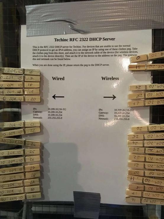 a piece of paper with a lot of clothes pins attached to it from both sides, with the text

TECHINC RFC 2322 DHCP Server

This is the RFC 2322 DHCP server for Techinc. For devices that are unable to use the normal DHCP protocol to get an IPv4 address, you can assign an IP by using one of the clothes peg. Take the clothes peg from this sheet, and attach it to the network cable of the device (for wireless devices attach it to the device directly). Then set the IP of the device to the address on the peg. The gateway dns and netmask can be found below.

When you are done using the IP, please return the peg to the DHCP server.

printed on it