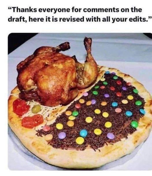 Picture of a pizza with a full chicken, m and ms, and other foods that don't fit together