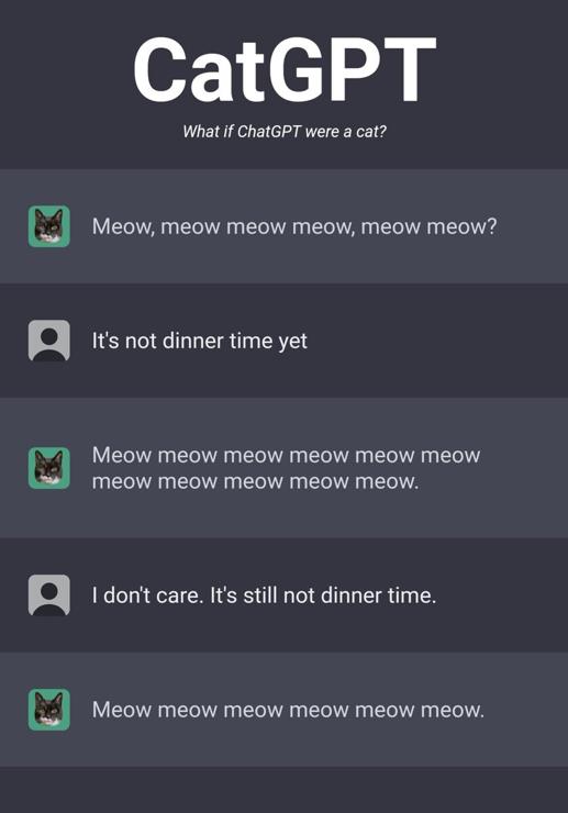 Me having a convo with a bot that just keeps meowing at me when I tell it that it's not dinner time.