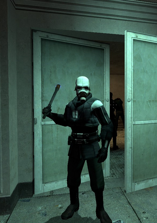 A Combine soldier threatening with a baton, in front of a door. Which one is a greater menace in gamedev?