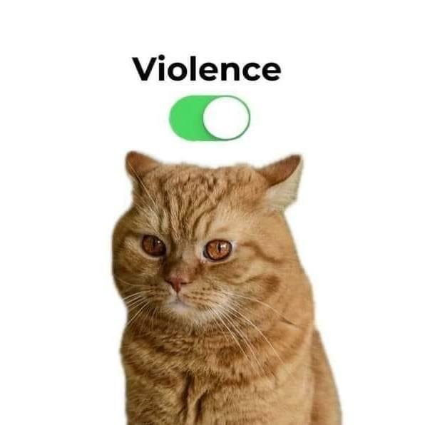 Chunky orange cat with airplane ears and a toggle enabled above it's head labeled "Violence"