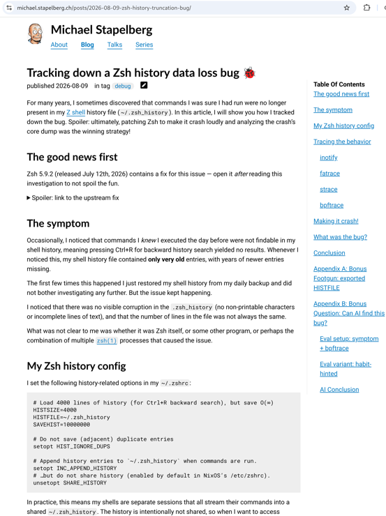 screenshot of my blog post: Tracking down a Zsh history data loss bug 🐞